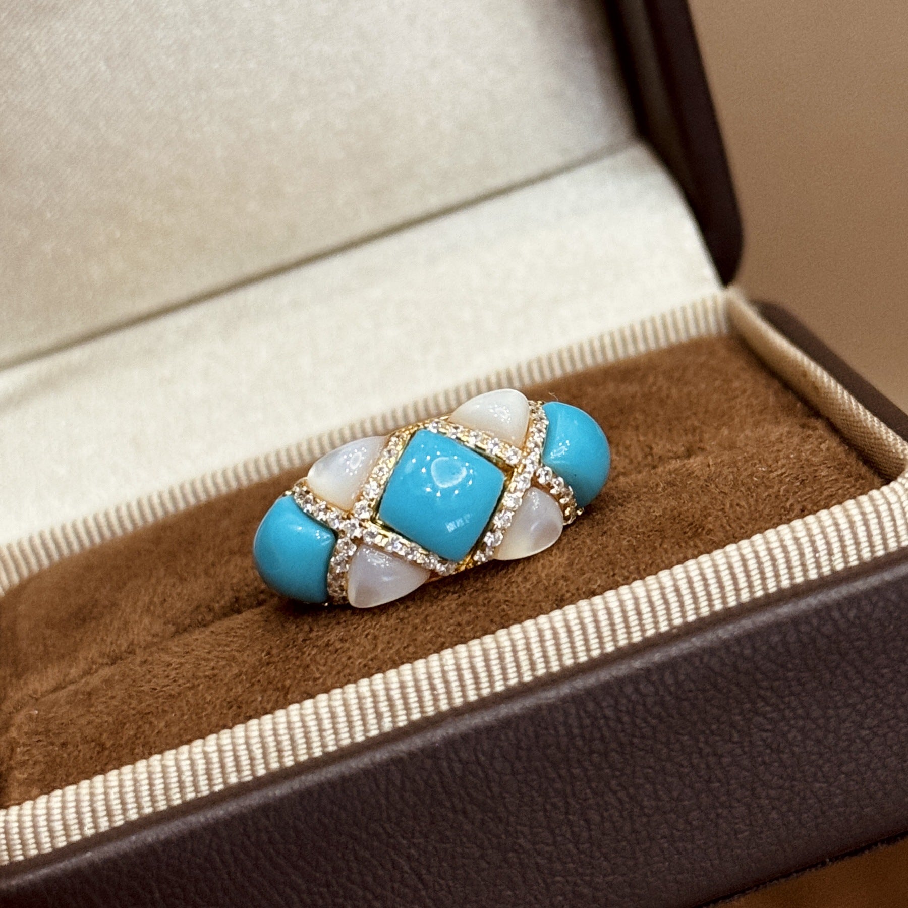 S925 Sterling Silver Turquoise & White Mother-of-Pearl Crossover Ring