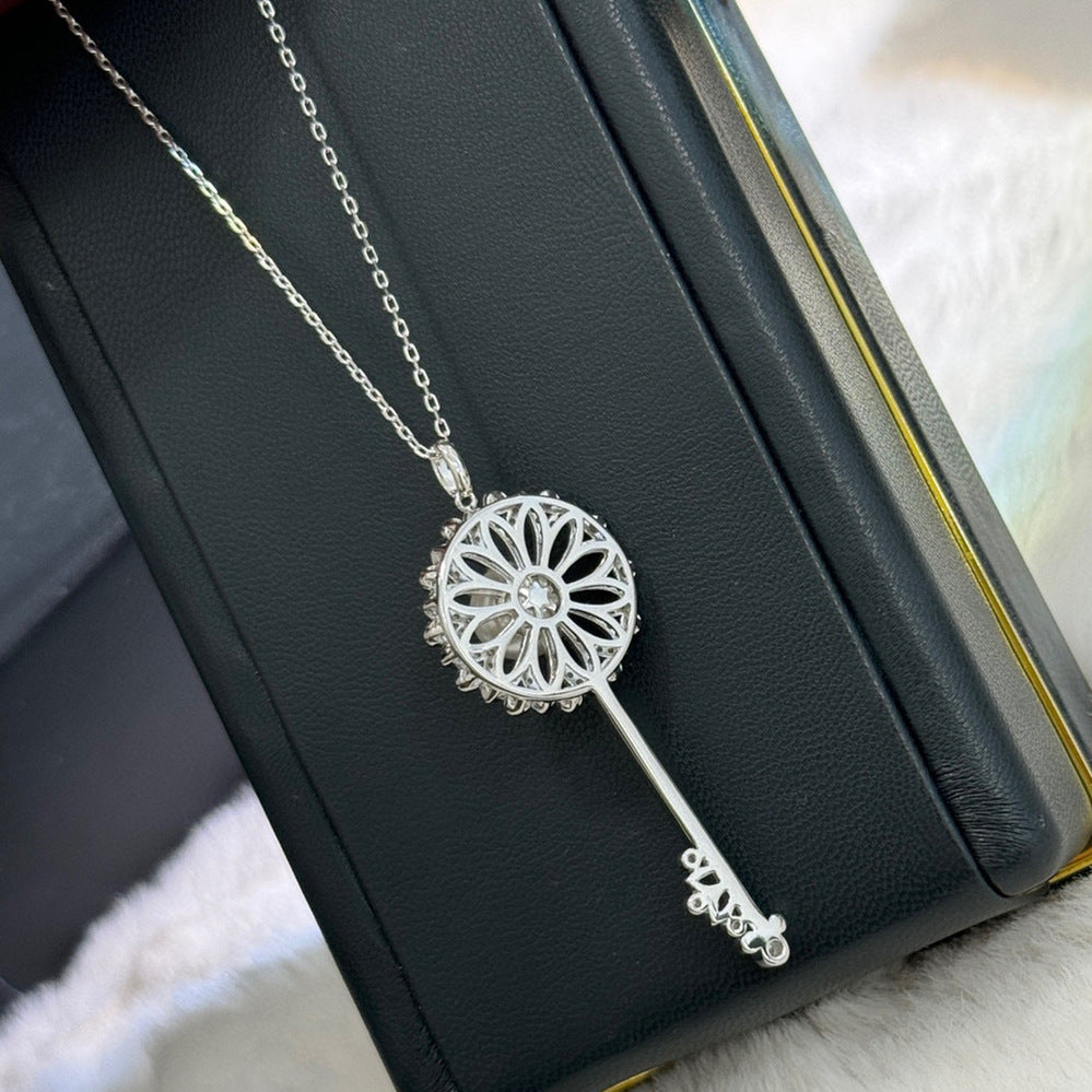 S925 Silver Sunflower Pearl Key Necklace