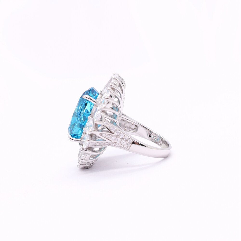 S925 Silver Ice-Cut Oval Blue Diamond Ring