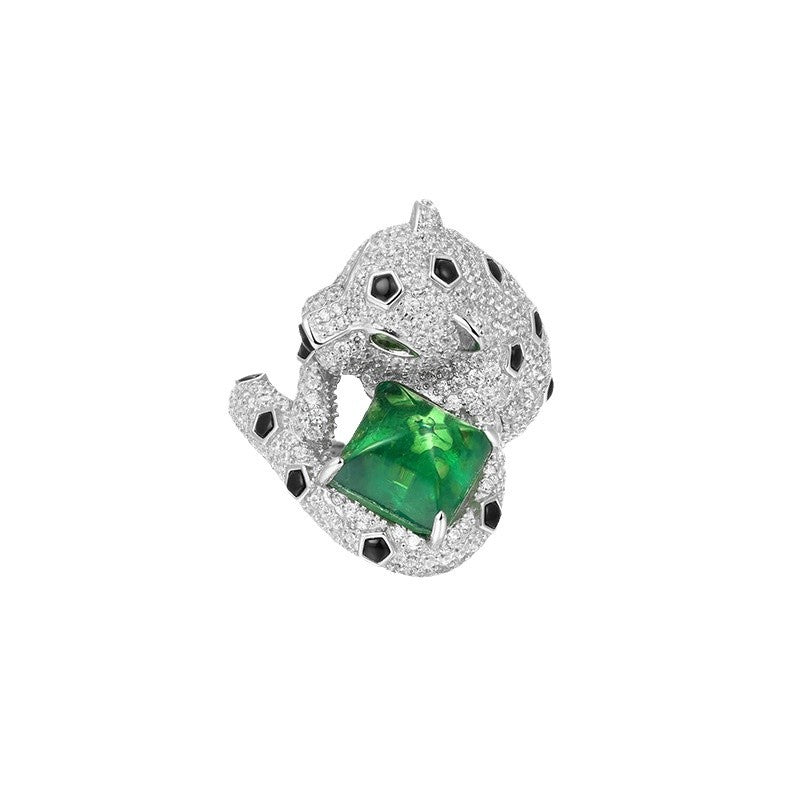 S925 Silver Emerald Panther Statement Ring