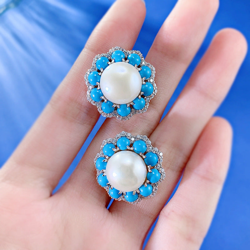 Celeste Pearl – 12mm Turquoise & Pearl Earrings in S925 Silver