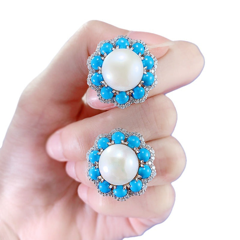 Celeste Pearl – 12mm Turquoise & Pearl Earrings in S925 Silver