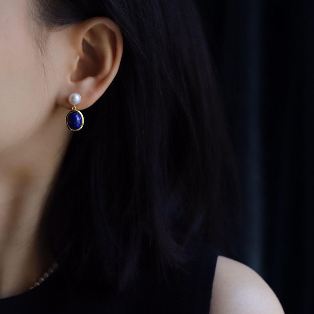 S925 Silver Lapis Lazuli and Pearl Drop Earrings