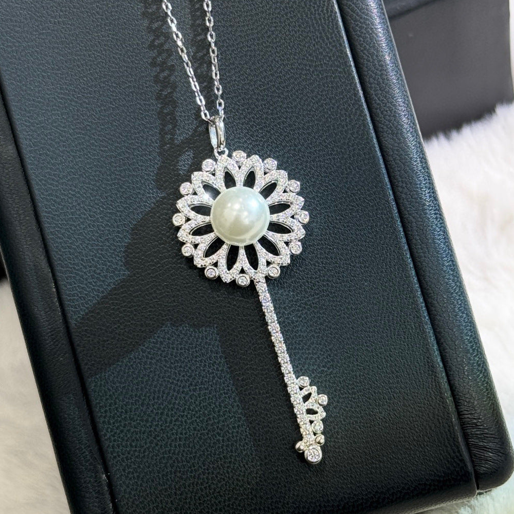 S925 Silver Sunflower Pearl Key Necklace