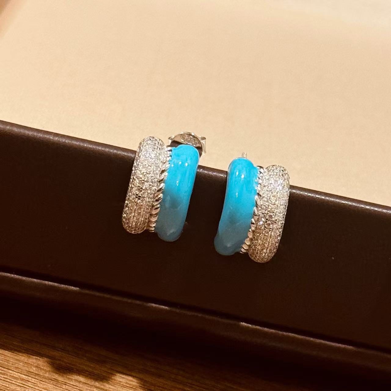 S925 Silver Vintage Blue Enamel Stud Earrings