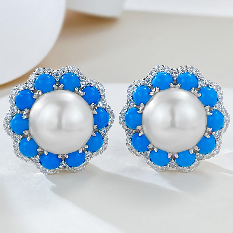 Celeste Pearl – 12mm Turquoise & Pearl Earrings in S925 Silver