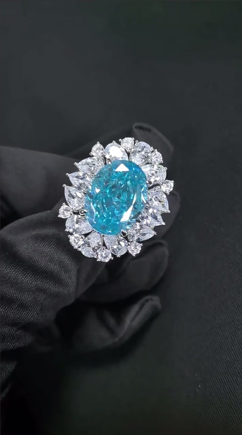 S925 Silver Ice-Cut Oval Blue Diamond Ring